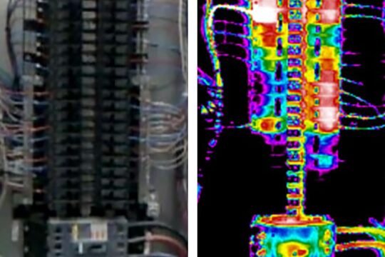 Two images of a loadcenter. Image 1 (left) is how the loadcenter appears normally. Image 2 (right) is an infrared view. The areas in red and white are where heat is building to dangerous levels.