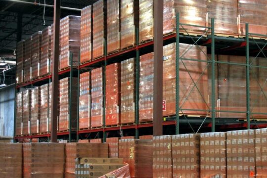 Wrapped stacks of inventory at the Loeb Electric main warehouse