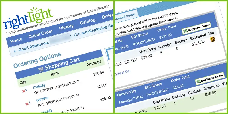 Example images of Loeb Electric's RightLight electrical maintenance ordering platform. The homepage and a sample order screen are shown.