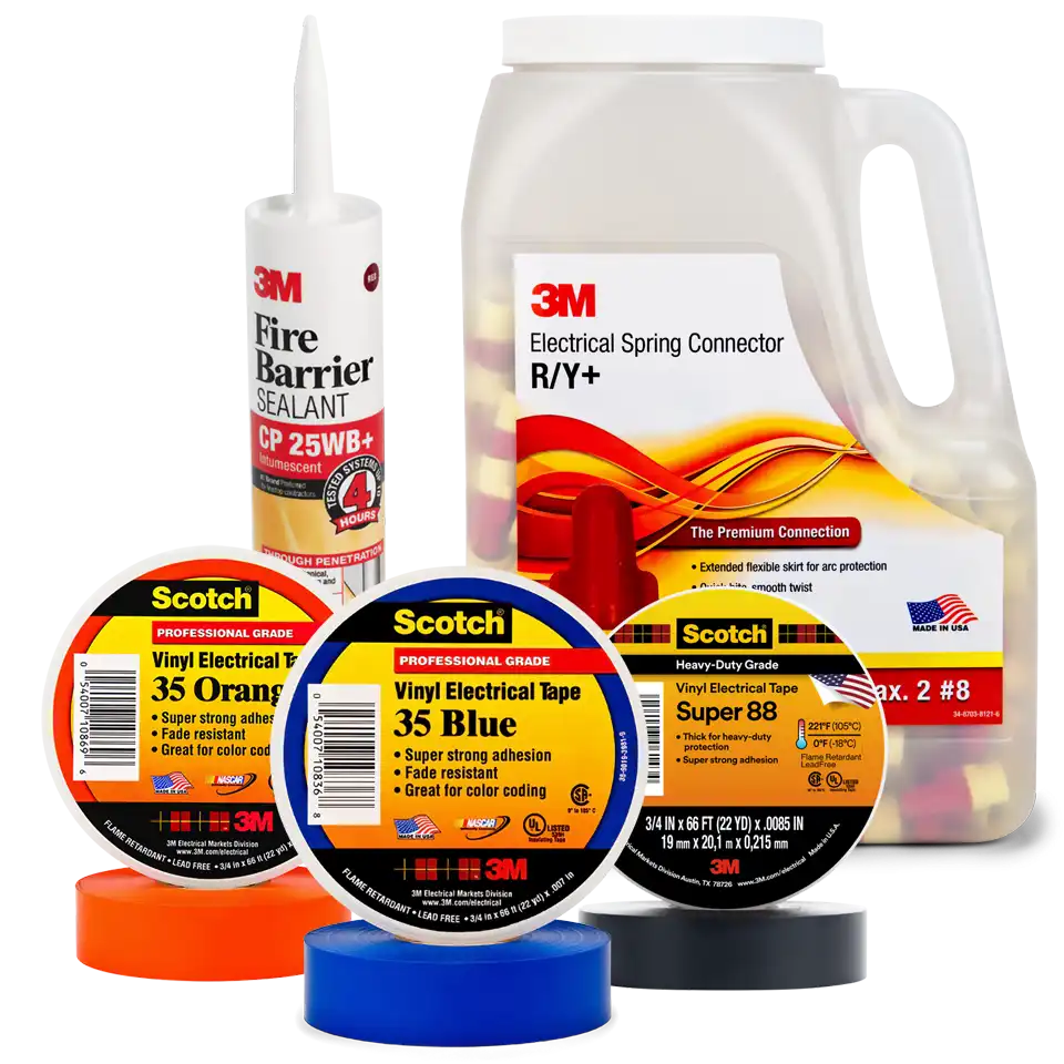 An assortment of 3M products: various colors of Scotch 35 color-coding tape, Super 88 vinyl electrical tape, fire barrier intumescent sealant, and a jug of Performance Plus red and yellow wire connectors