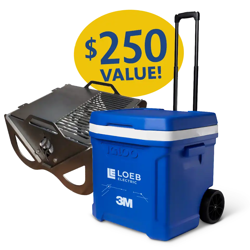 Prize pack: a Hunsaker collapsible camping grill and fire pit, and an Igloo® Profile II 60 quart rolling cooler in blue, co-branded with 3M and Loeb Electric. A yellow oval burst reads '$250 value!'