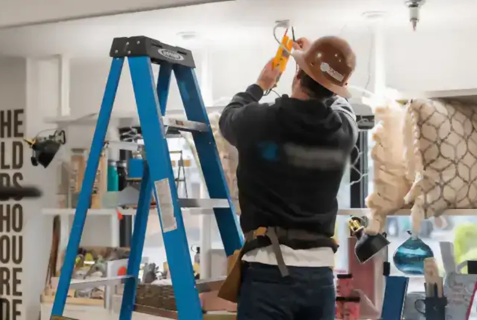 A Tapps Electric contractor installs a light fixture at a home goods retail location.